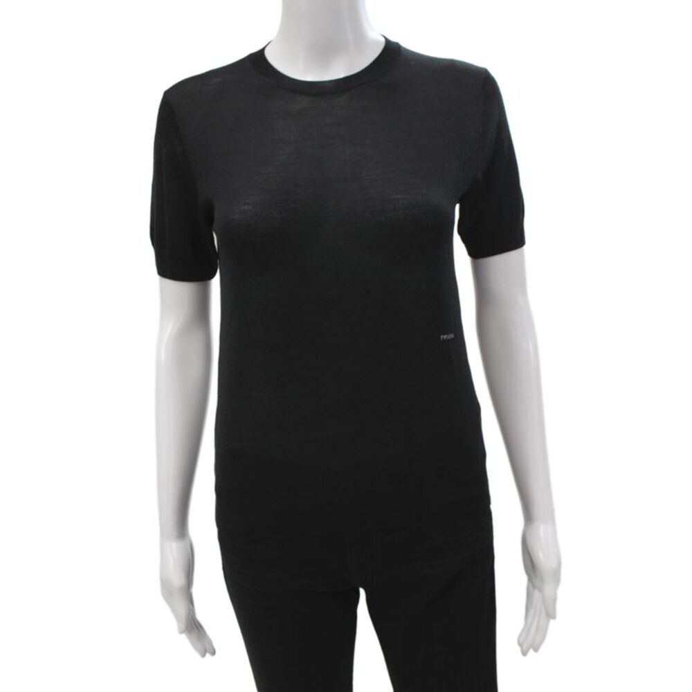 Prada Womens Basic Jersey T-Shirt Black Cotton Silk Linen Short Sleeve Size 38